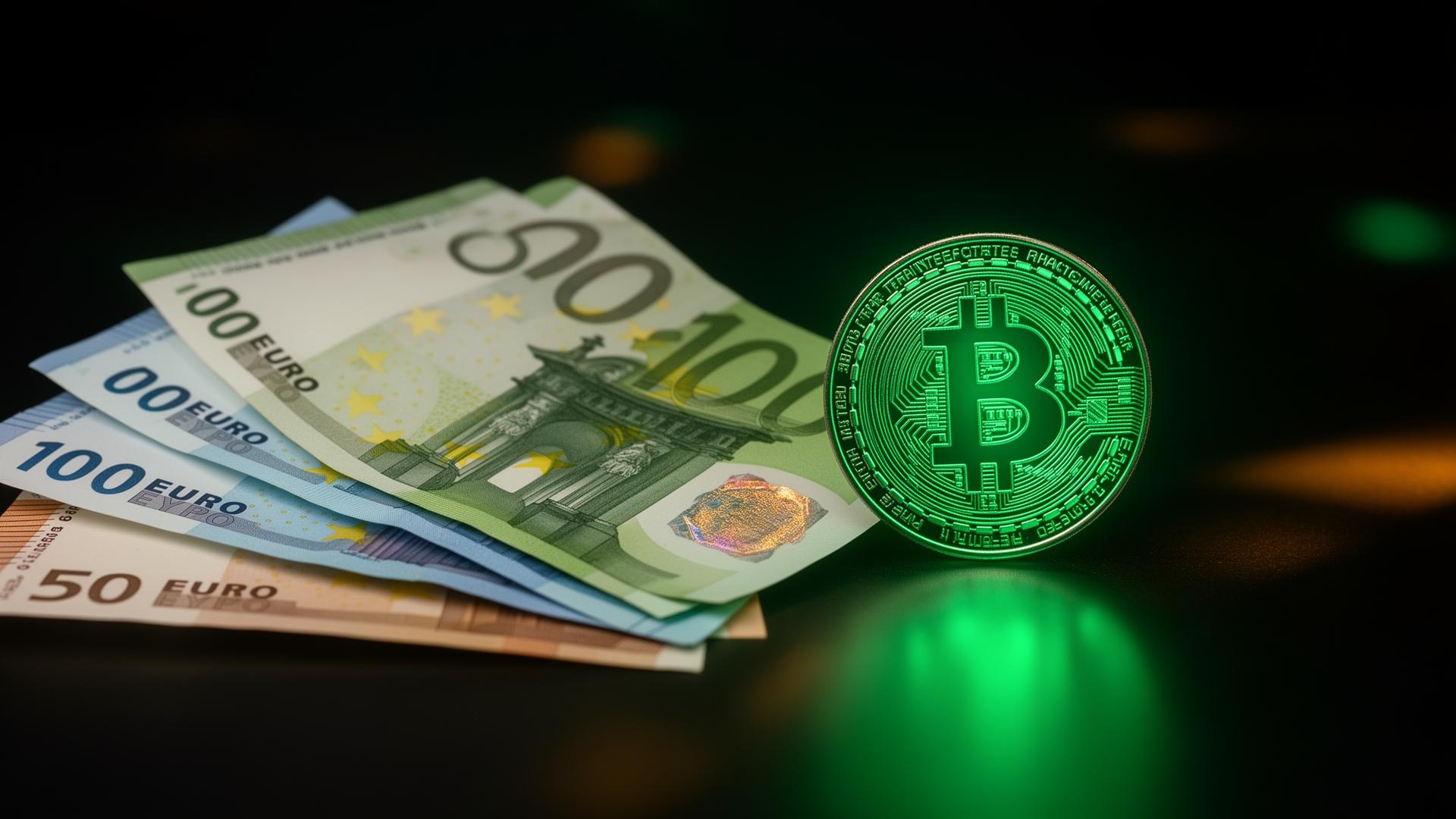Euro banknotes next to a glowing crypto coin