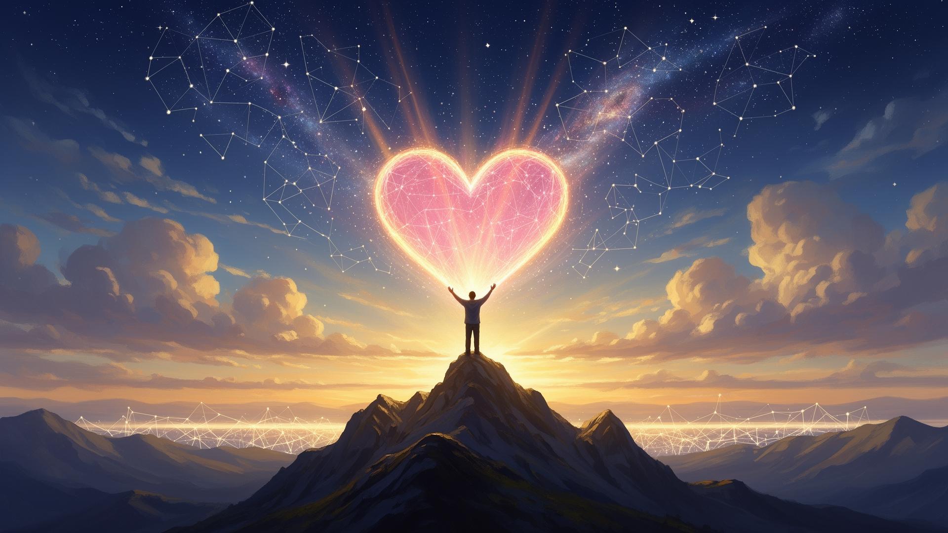 Founder on a mountain peak holding a glowing heart