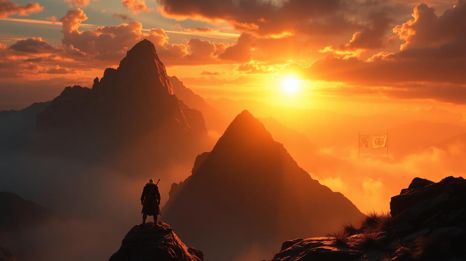 Strateg na vrhu gore ob zori — We build to ascend